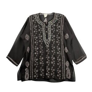 Le Saige Sheer Embroidered Tunic Top Black Floral Beaded Details Womens Medium